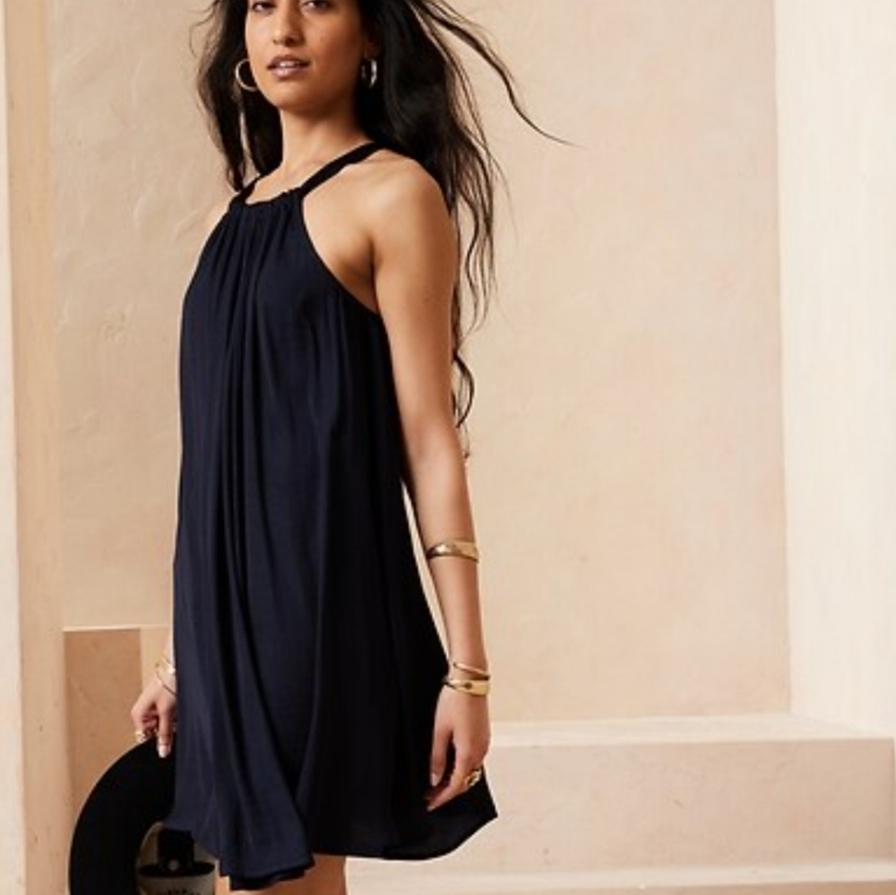 Banana Republic Tie Back Satin Mini Swing Dress (S) NWT Navy REALLY SEXY !! - Picture 6 of 9